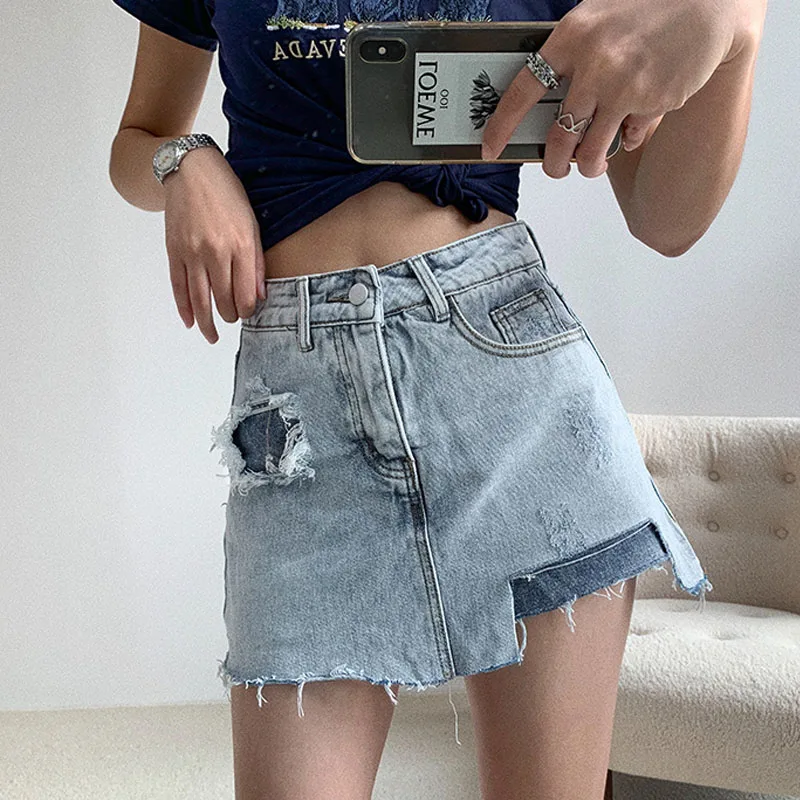 

Women's Shorts 2021 Summer New High-Elastic Fashion Casual Wild Ripped Denim Short Skirt Pants Korean High Waist Street Skirt