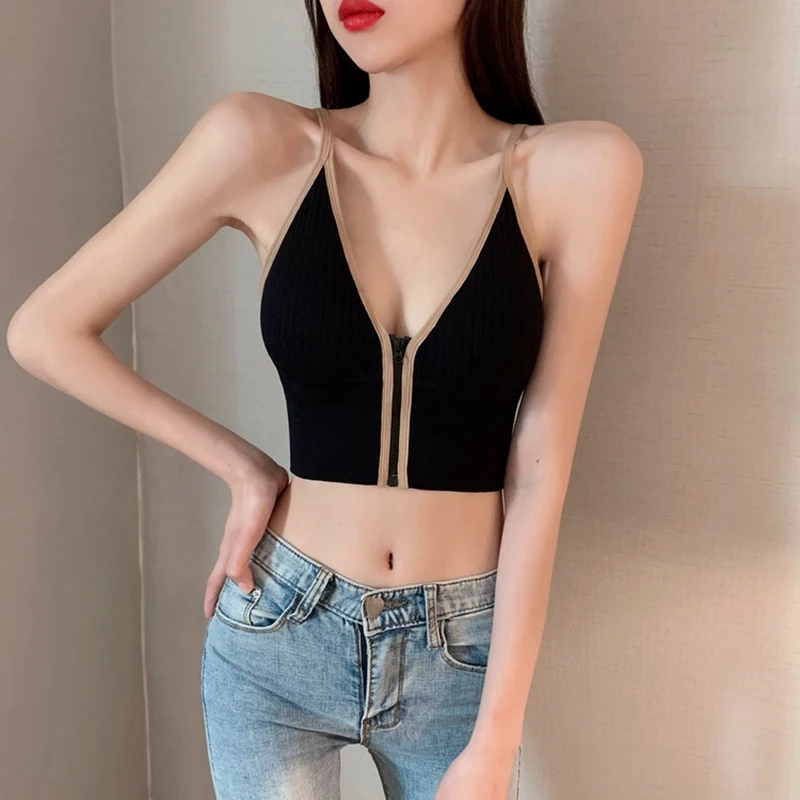 

Женская майка с подкладкой, летние топы, уличная одежда, тонкая женская повседневная майка на молнии с тонкими бретельками для фитнеса