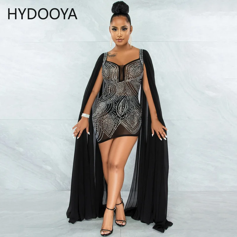 

Sexy Wrap Chest Extra Long Split Sleeve Club Dress Rhinestone Sparkly Elegant Christmas Dresses for Women Mesh Mini Party Dress