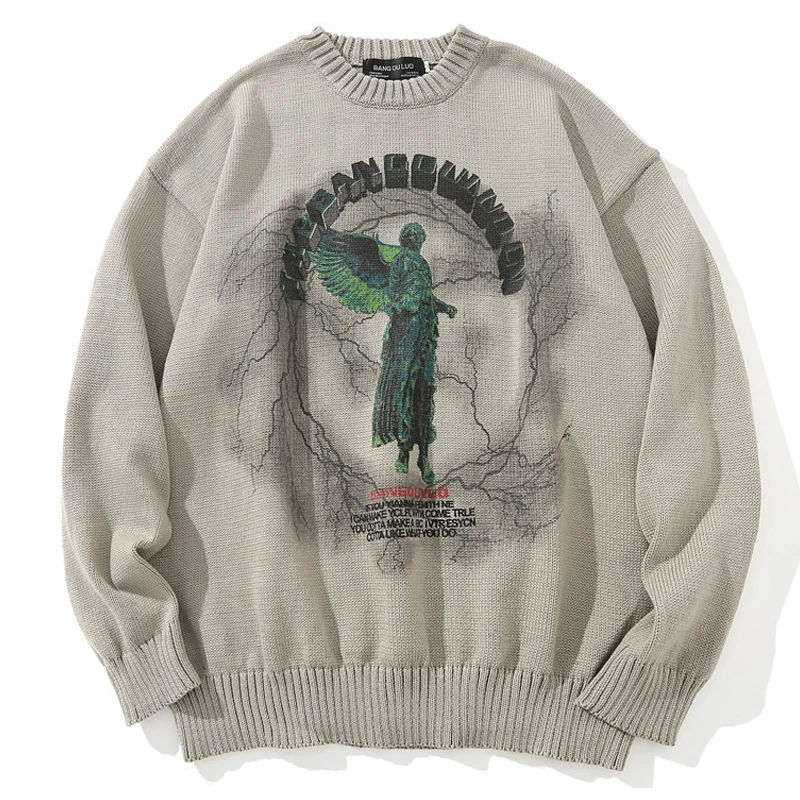 

Men Hip Hop Knitted Jumper Sweaters Angel Lightning Printed Streetwear Harajuku Autumn Oversize Hipster Casual Pullovers Tops