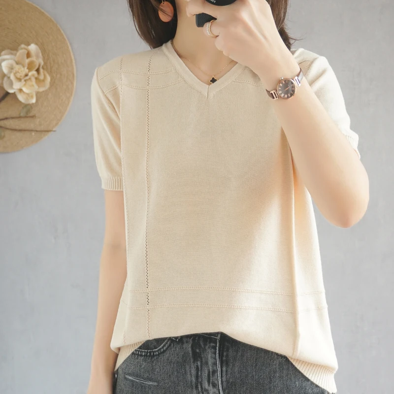 

2020 Hot Women Summer 100% Cotton T-shirts Tops Womens Fashion V-neck Short Sleeve Knit Pullover Soft Comfortable Solid Color