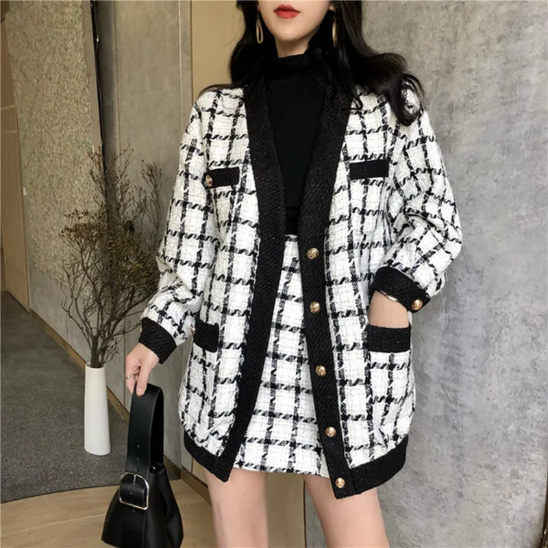 Coat and Skirt Высокое качество осень зима контрастный черный и белый твидовый в клетку Женский комплект 2 шт. свободное шерстяное пальто+ облегающая Короткая юбка комплект - Цвет: Coat and Skirt