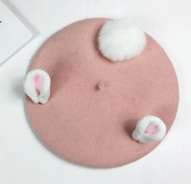 Handmade Wool Felt Berets Women Fashion Valentine's Day Gift Cute Rabbit Ears Winter Hat For Vintage Pink Caps | Аксессуары для
