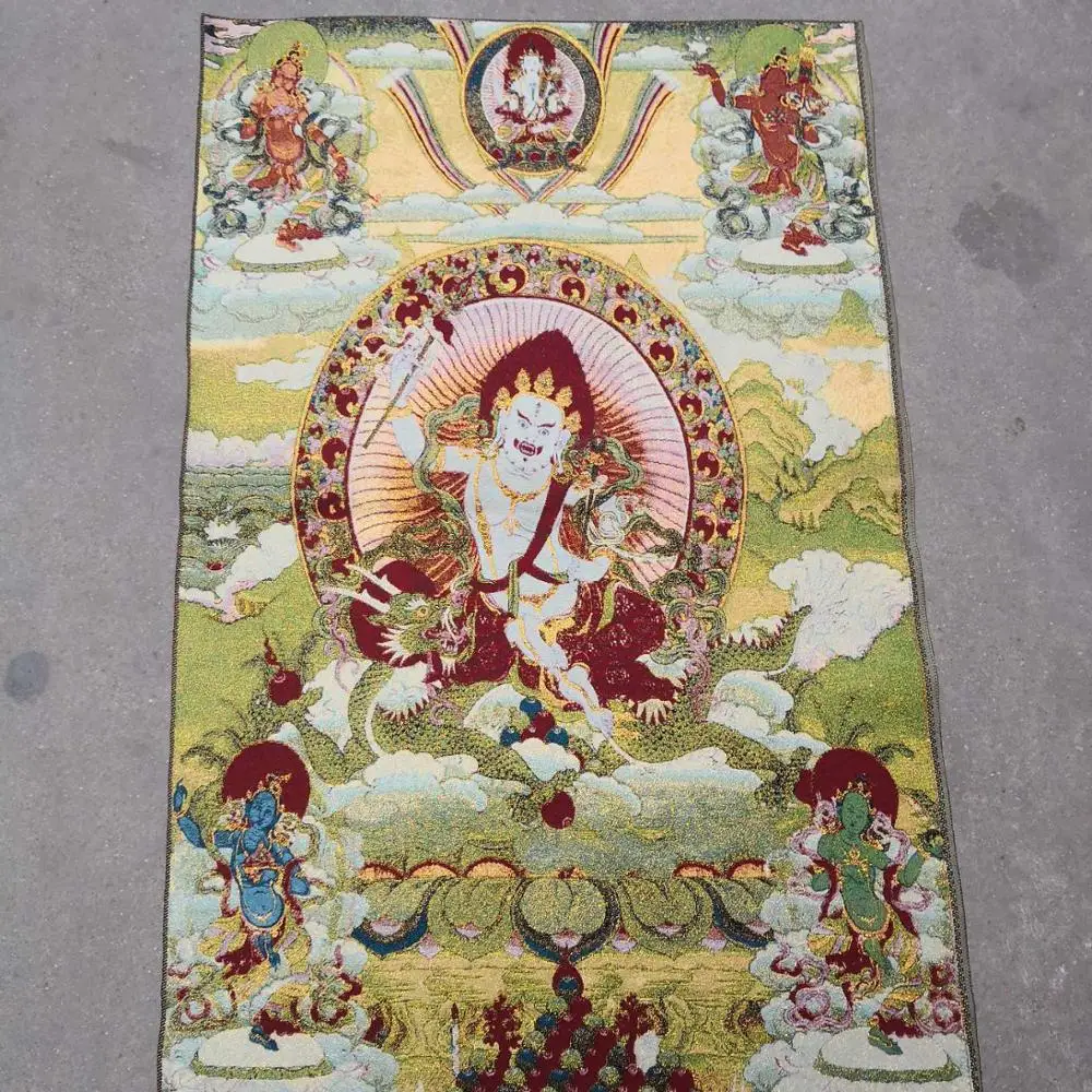 

35" Thangka embroidery Tibetan Buddhism silk embroidery brocade Nepal Mahakala Riding a Dragon Buddha Statue Thangkas
