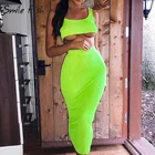 Неоновый зеленый ребристые трикотажные Для женщин; Комплект из 2 предметов; Короткий топ длинная юбка сексуальное платье для вечеринки Летняя майка комплекты облегающее M0272