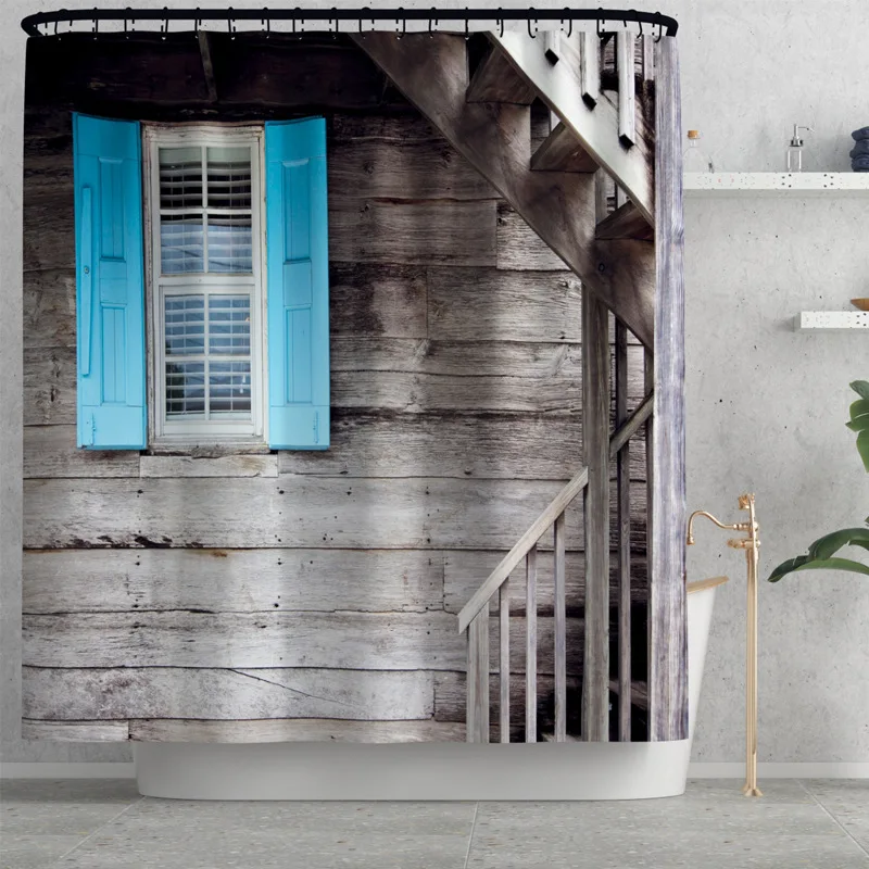 3D с изображением деревянной двери и окна из ткани рисунком душ Шторы
