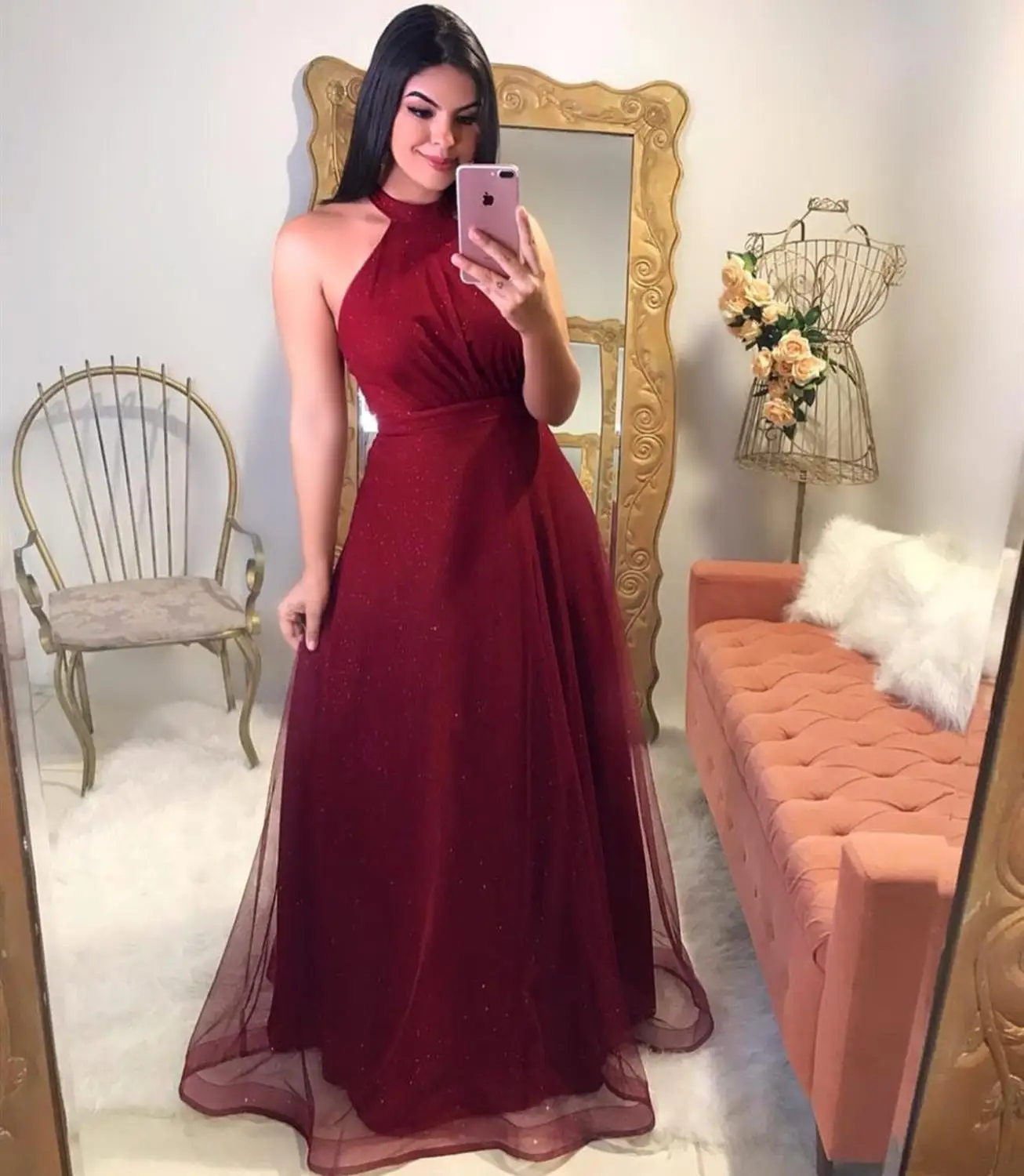 

2020 a-line prom dress burgundy halter sleeveless dresses woman party night vestido festa longo vestidos de fiesta de noche