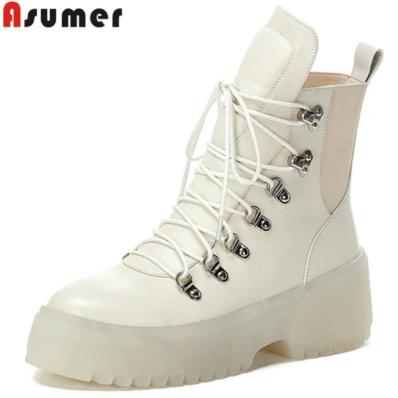 Женские ботильоны из натуральной кожи Asumer на шнуровке с круглым носком плоской