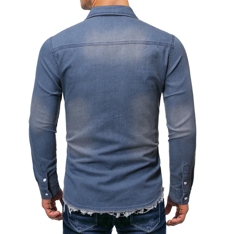New Men's Shirts Denim Fashion Casual Jeans Jackets Long Sleeve Pocket Slim Fit Button Autumn Solid Color Turn Down Collar Tops | Мужская