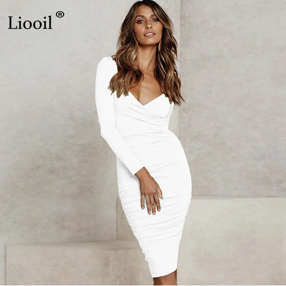 Белый Liooil Fall Sexy V Neck White Midi Bodycon Dress Women Autumn Winter Stretchy Long Sleeve Club Party Tight Fitted Dresses - Цвет: Белый