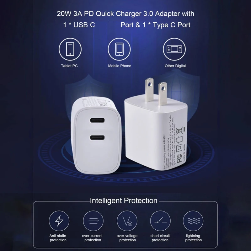 Зарядное устройство PD 20 Вт + Type-C QC3.0 с двумя портами вилка EU/US адаптер быстрой