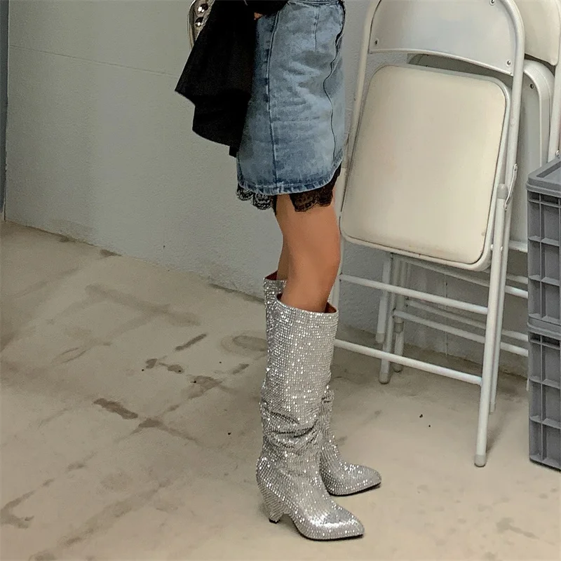 

High Boots 2021 Spring And Autumn New Conical Heel Silver Rhinestone Boots Fashion Women's Boots Elegant And Exquisite European