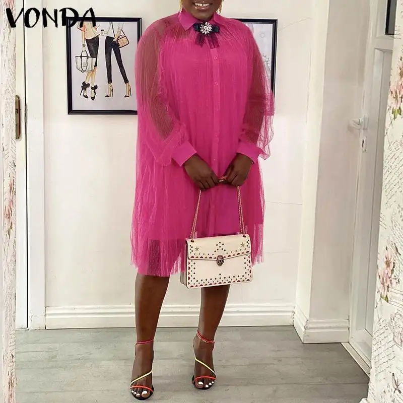 

Y2K VONDA Women Long Sleeve Shirt Dress Autumn Lapel Button Pleated Sexy See Through Knee-Length Party Dresses Bohemian Vestidos