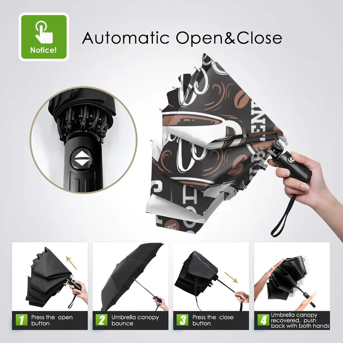 Автоматический зонт кофейная иллюстрация тройного сложения для женщин и мужчин