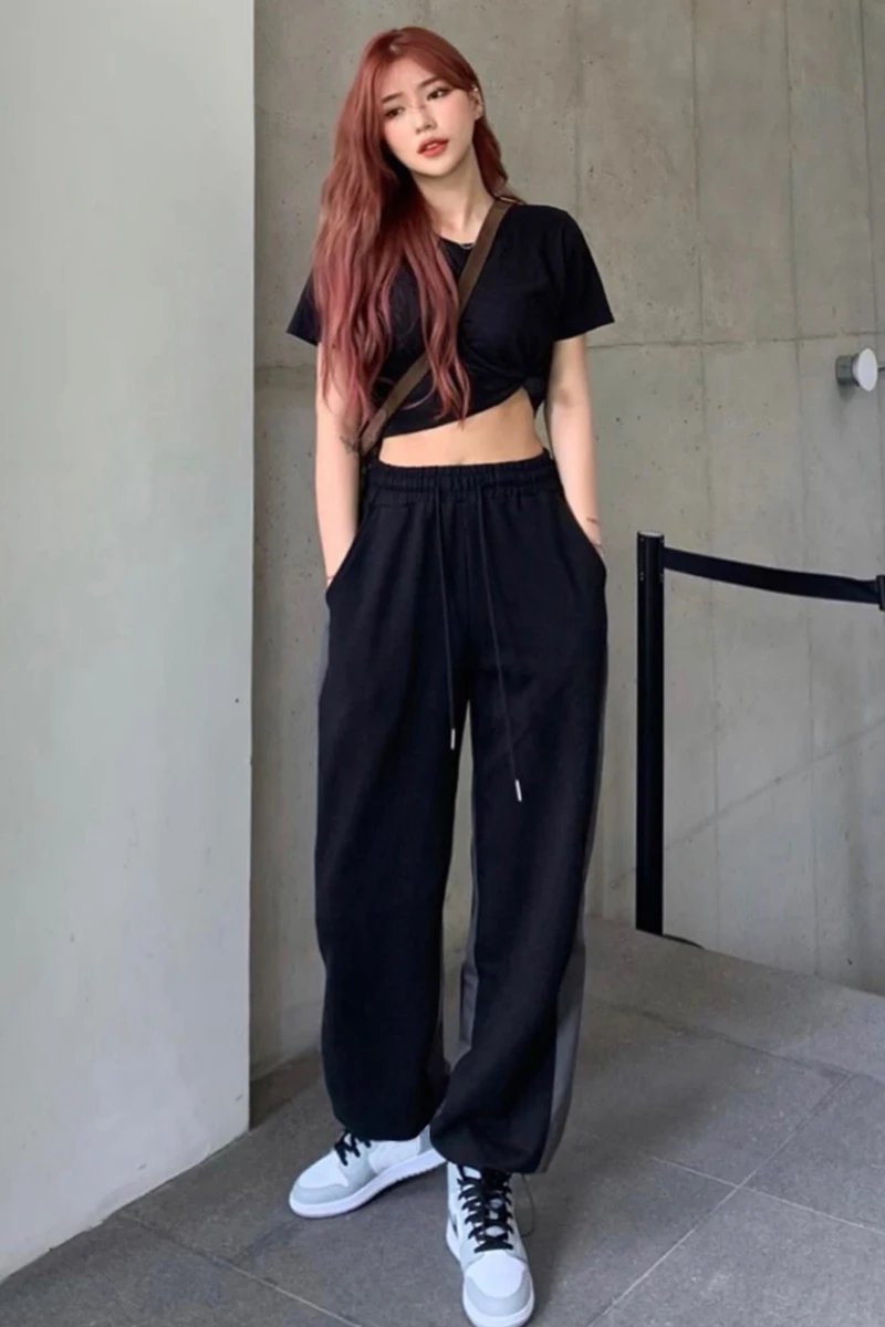 

Om chaorenguan Street hip hop dance sports leisure Harlan pants color matching high waist loose show thin legged pants female
