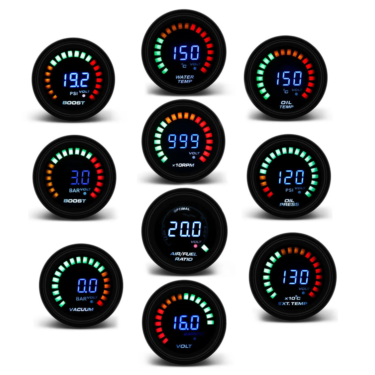 

2" 52MM Digital 20 LED Boost bar psi Vacuum Water temp Oil temp Oil press Voltmeter Air/fuel ratio EGT temp RPM Gauge