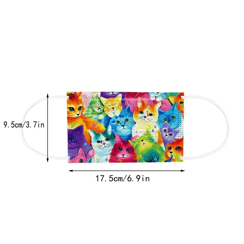 

50Pcs Adult Cartoon Cat Printing Masks 3-layer Non-woven Fabric Dustproof Protective Mascarillas Ear Loop Flowers Mondkapjes