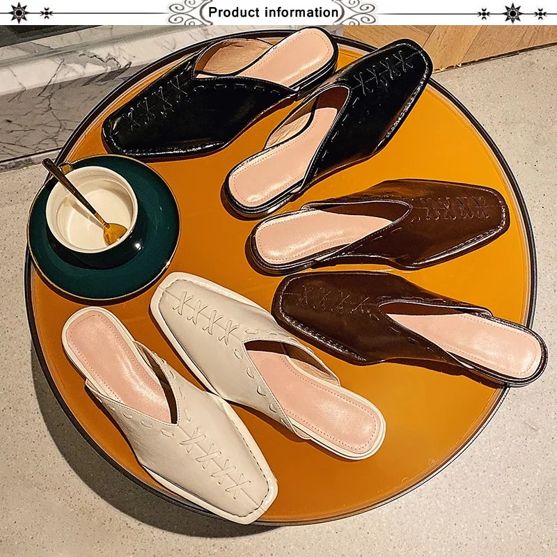 

hot summer shoes 2020 new fashion genuine leather square low heels black white brown shoes woman dress casual sandals shoes 42