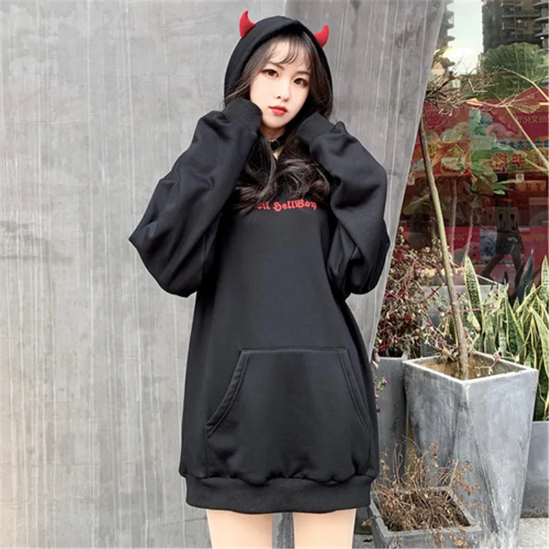 Толстовка Devil Wing, осенние свободные толстовки, Женская толстовка, Корейская Ulzzang, Harajuku, для девочек, с длинным рукавом, в стиле хип-хоп, толстовка, уличная одежда