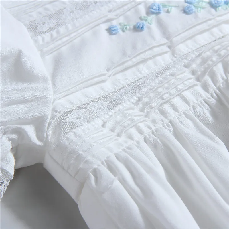 

Baby Girl Boutique White Romper Hand Made Embroidery Flower Cotton Jumpsuit Newborn Baptism Rompers Christening Spanish Clothes