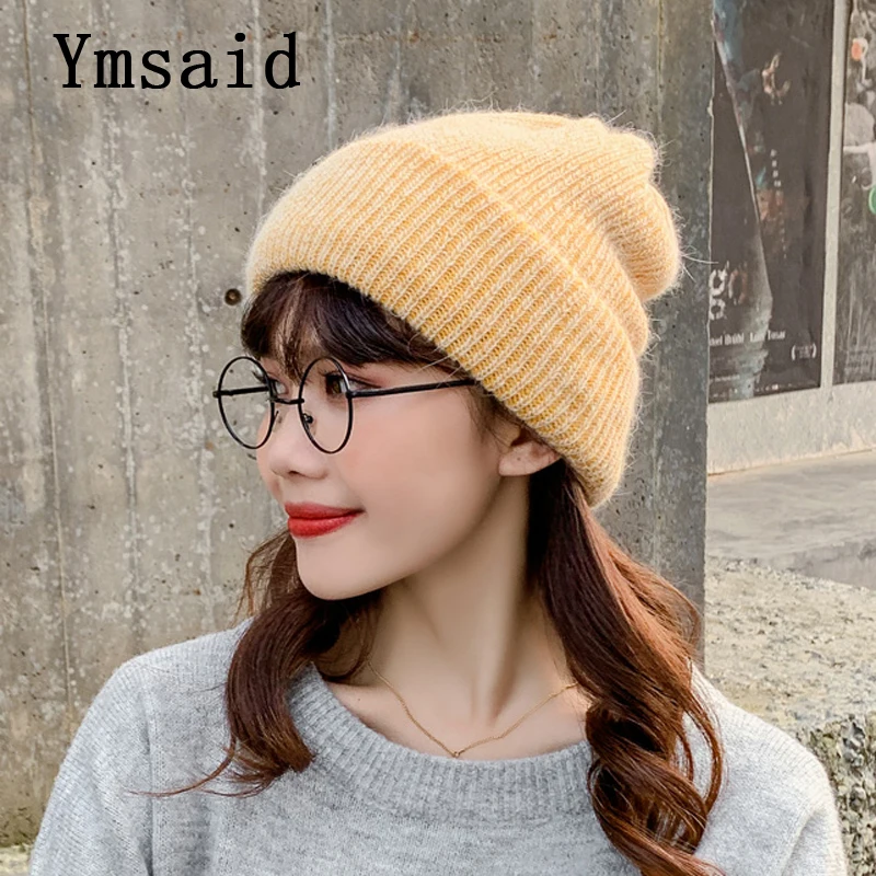 Ymsaid новая простая зимняя женская шапка кролик вязаные головные уборы Skullies теплая