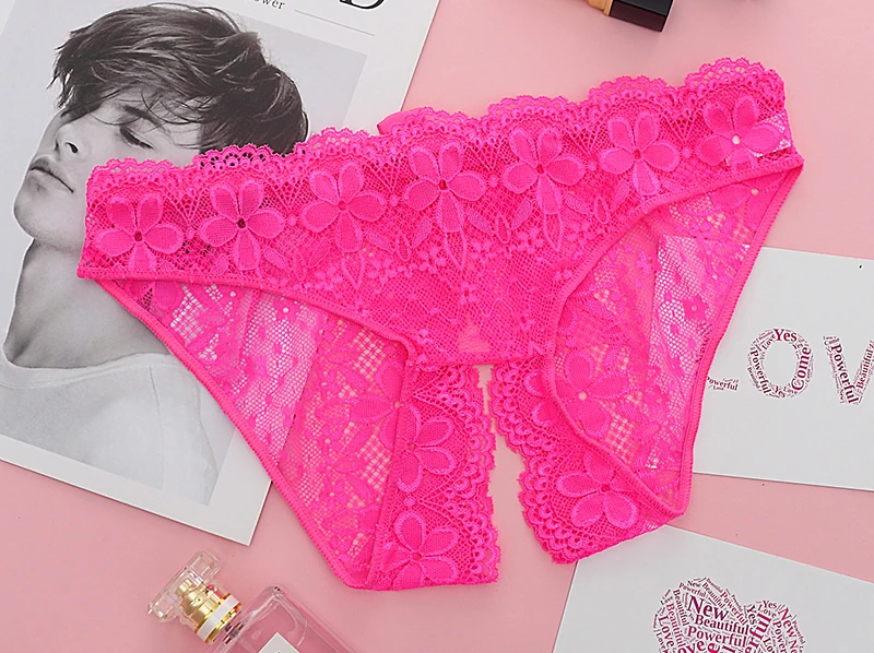 Sexy Lace Hollow Panties Tempting Women Briefs Opening Crotch Low Waist Female Underwear Transparent Sexy Cute Bow Panty