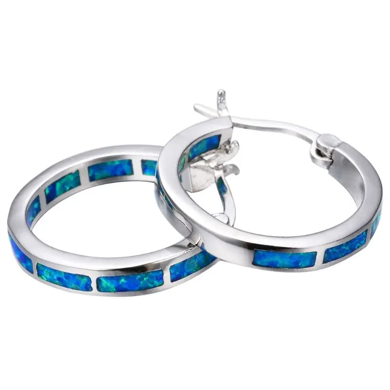 

925 Silver Plated Blue Opal Huggie Hoop Earrings Hypoallergenic for Women E56A