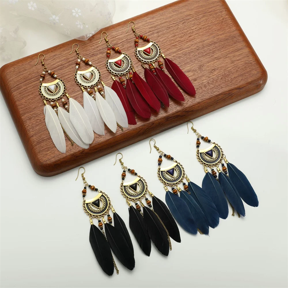 

European National Style Boho Feather Earrings For Women Metal Golden Semicircle Beaded Vintage Mom Charming Earring Jewelry