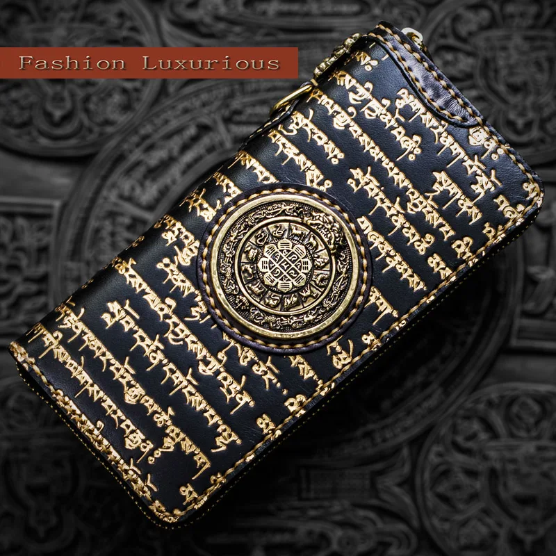 

Famous brand high-end handmade men's wallet long leather zipper purse god blessed leather hand storage wallet woman