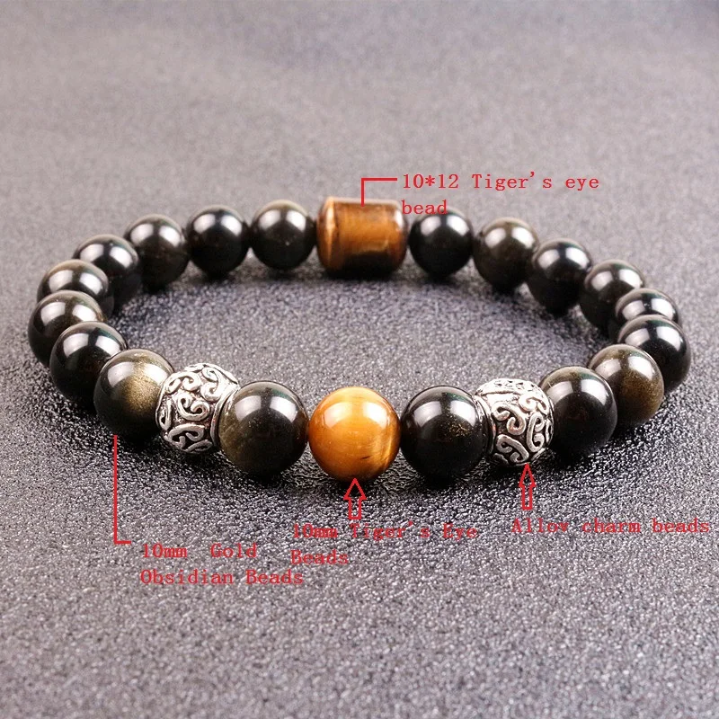 10mm Gold Obsidian Stone with Tiger Eye Beads Men Women Unisex Wristband Black Wealth and Good Luck Bracelet | Украшения и
