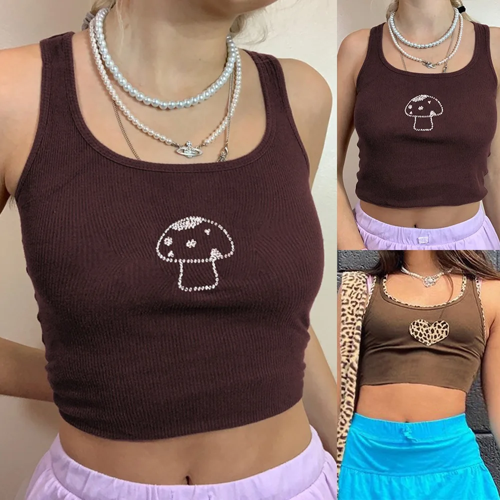 

Aesthetics Mushroom Diamond Straped Brown Tops Y2K Vintage U-neck Sleeveless Tank Top 90s Streetwear Outfits Slim
