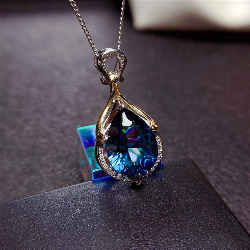 

S925 Silver 45cm Necklace Dark Sapphire Jewelry Pendants for Women Bohemia Collares Blue SAPPHIRE Topaz Pendant Necklace Girls