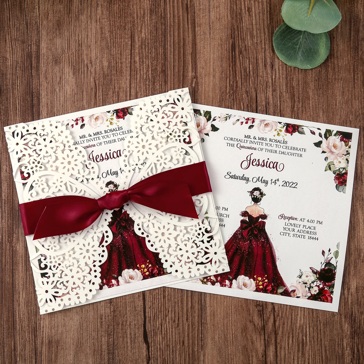 

Square Wedding Invitations Cards Bridal, Anniversary ,Birthday,Quinceanera,with Red Bowknot Hollow, 50pcs, W0003