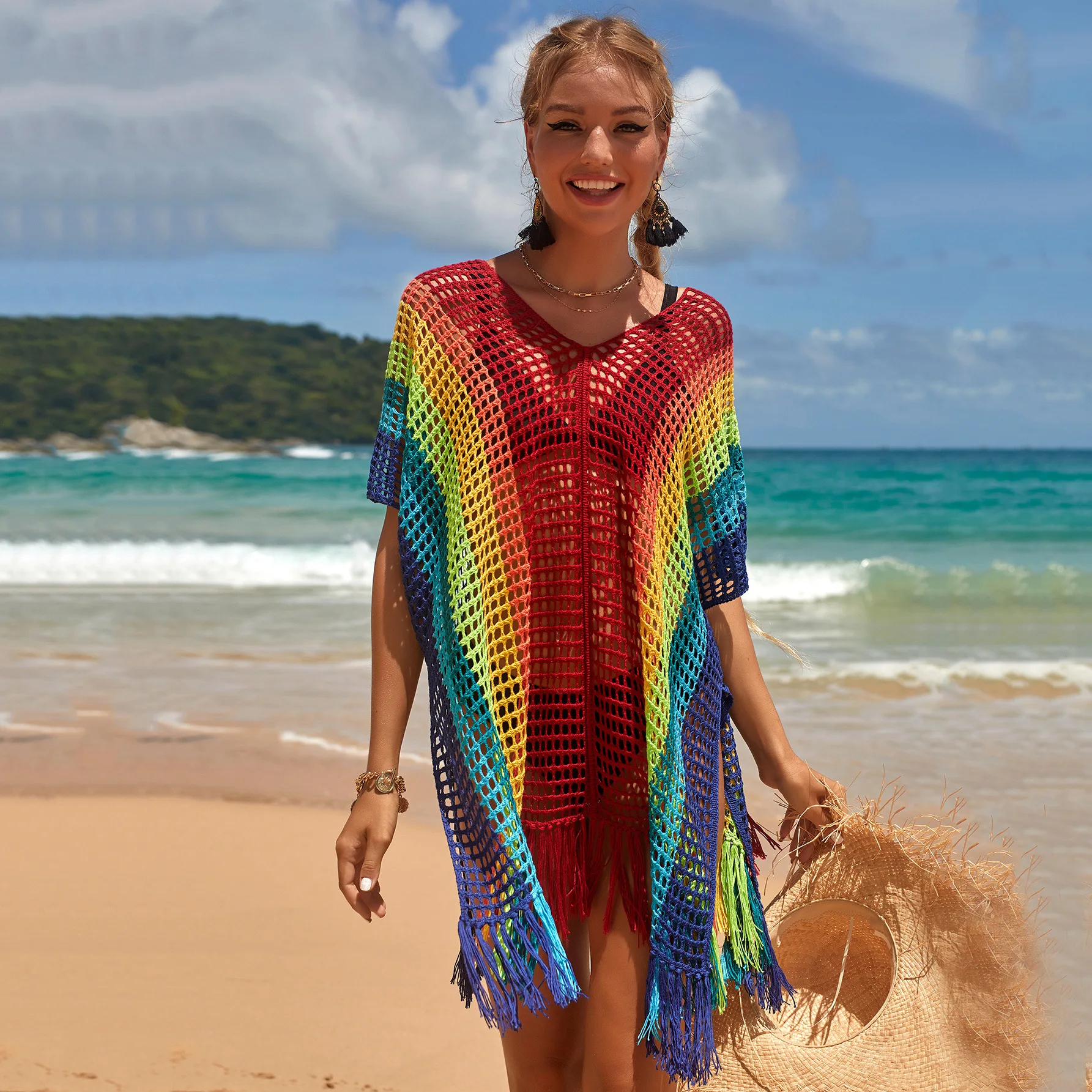 

Crochet Beach rainbow Dress Open Back Beach Coverup Swimwear Sexy Pijamas Women Sexy Beach Wear Swimsuit Cover Up Vacation Outfi