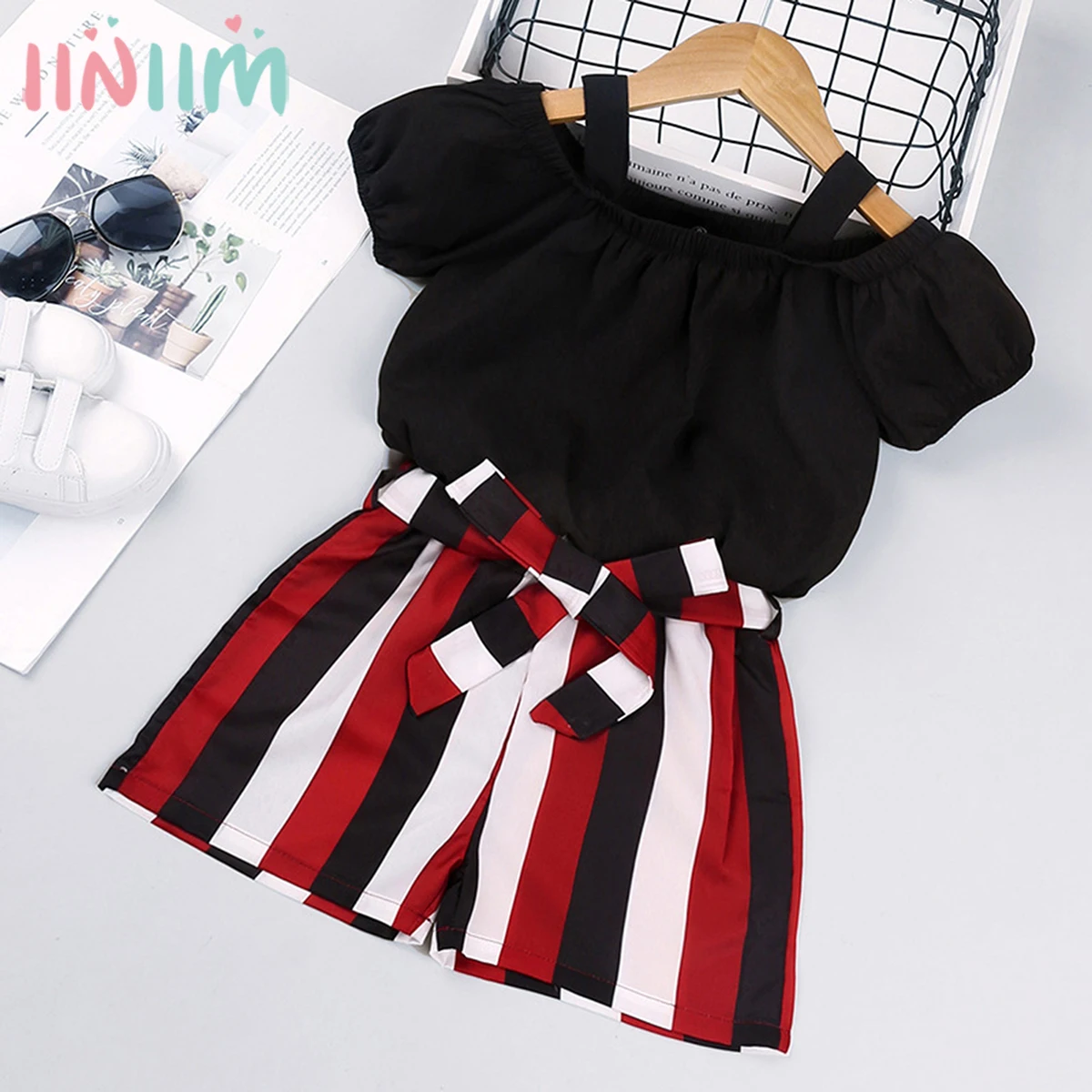 

Summer Kids Girls Clothing Set Children Off Shoulder T-shirt Tops Striped Pants 2Pcs Kids Outfits Girl Clothes For 1 2 4 8 Years