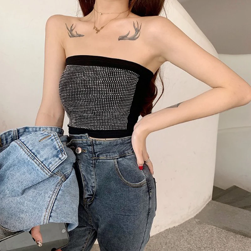 Женский топ без бретелей украшенный стразами и блестками вечерние Клубные