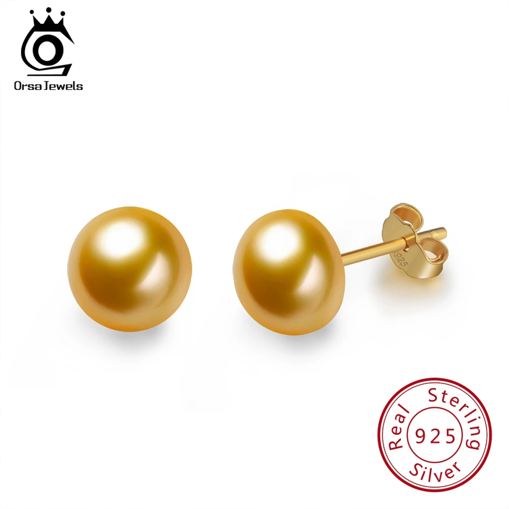 Gold- Yellow Pearl ORSA JEWELS, женские серьги-гвоздики с натуральным пресноводным жемчугом, 8 мм, белый, розовый жемчуг, 925 пробы, серебро, Женские Ювелирные изделия для вечеринки RSE86 - Цвет камня: Gold- Yellow Pearl