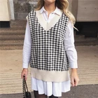 Модные вязаные Джемперы в клетку, Женский Свитер оверсайз без рукавов с треугольным вырезом, жилет в английском стиле, Свободный пуловер в стиле преппи