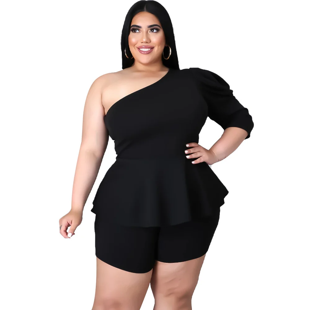 

Zoctuo One-Shoulder Slash Neck T-Shirt Shorts Two-Piece Straight Pants Suit Solid Color Casual Ruffle Top Set Two Pieces Set