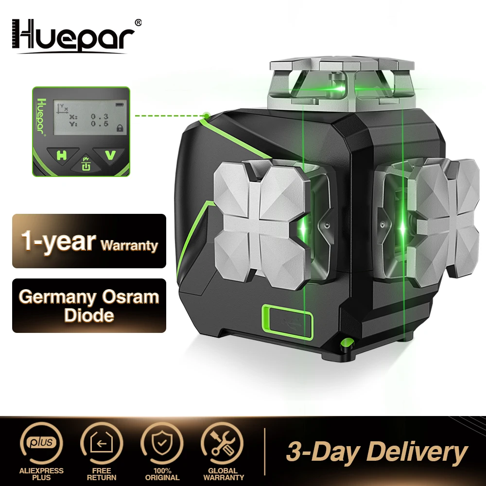 Лазерный уровень Huepar S03CG трехмерный нивелир с ЖК дисплеем и функцией