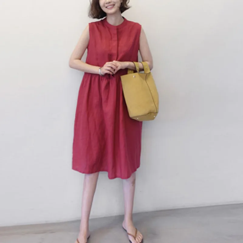 

Casual Midi Dress Cotton Hemp Korean Loose Thin Sleeveless A-line Temperament Fit Fashion Summer 2022 New Women's E463