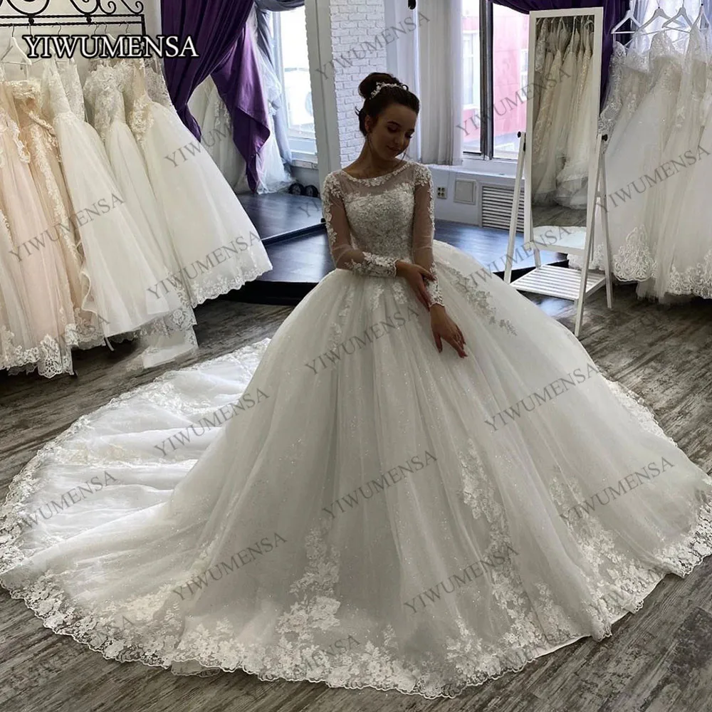 

Vestidos De Novia Long Sleeves Elegant Bride Dresses Custom Made Sheer Tulle Ball Gown Bridal Fashion Dress Bride Plus Size 2020