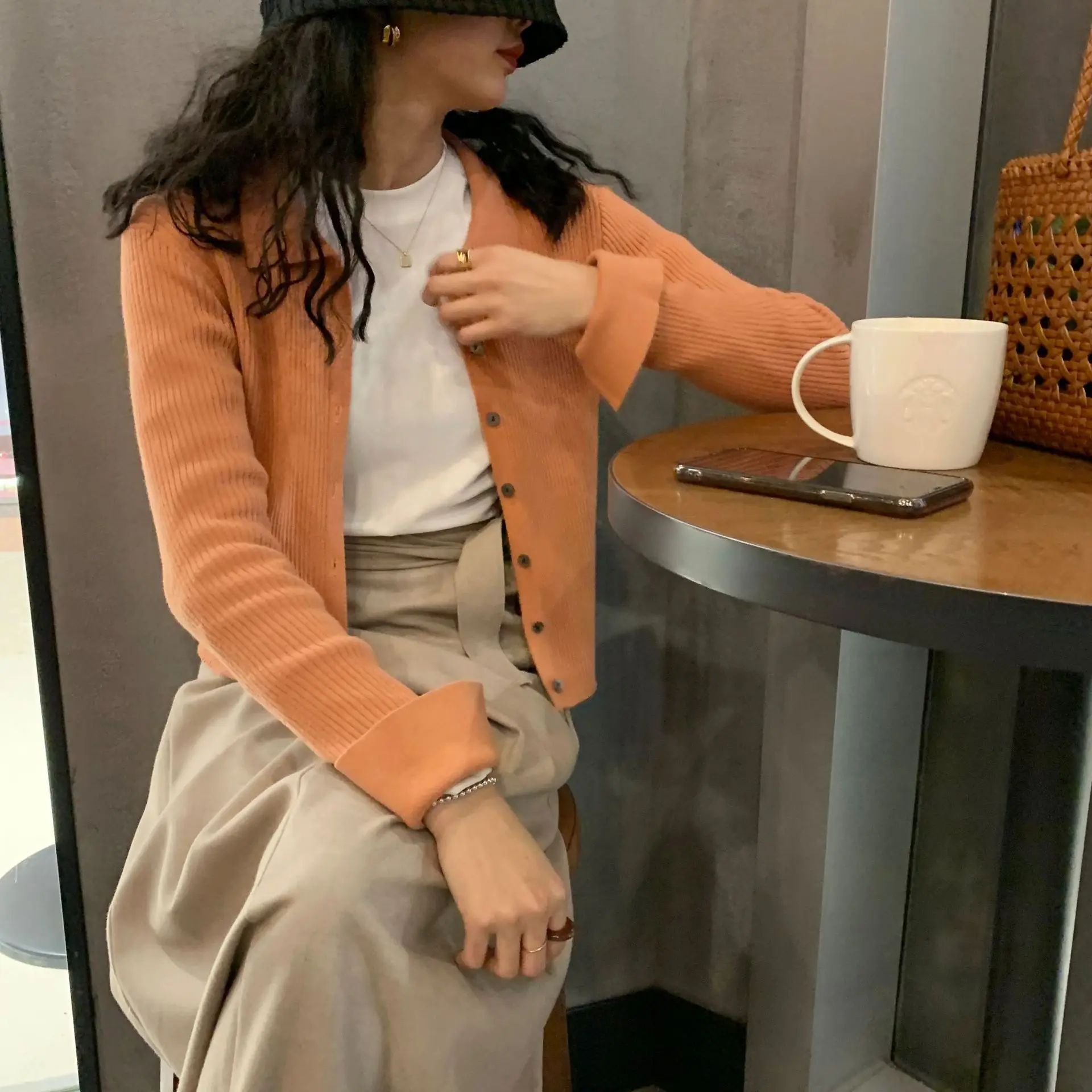 Корейский стиль поло воротник-однобортный вязаный кардиган для женщин 2020