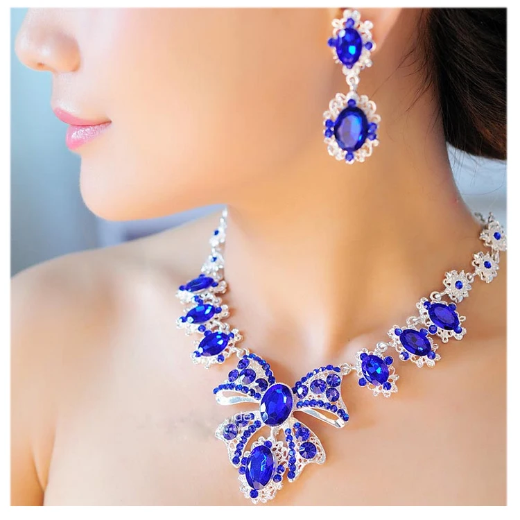 

Sliver Plated Rhinestone Crystal Faux Pearl Necklace+Earring Jewelry Set For Bride Bridal Wedding