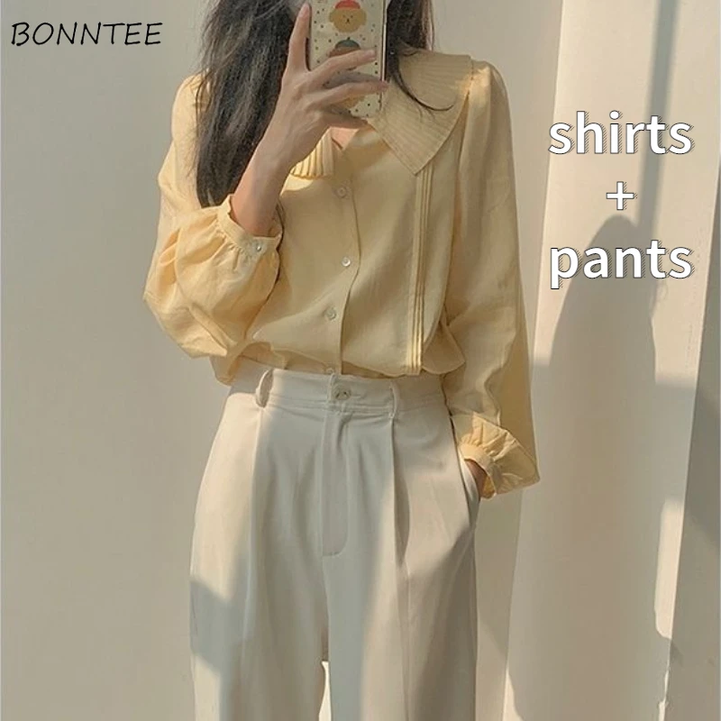 

Sets Women Solid 2 Piece Outfit Students All-match Simple New Arrival Spring Prevalent Ulzzang Clothing Peter Pan Collar Tender
