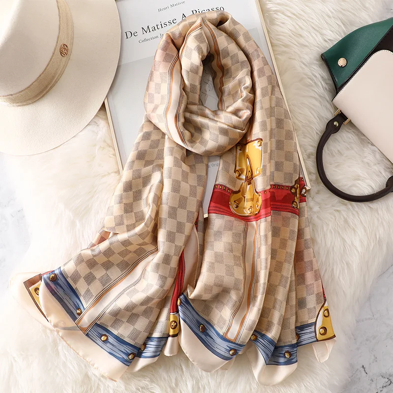 

High Quality Summer Silk Scarf Women Luxury Brand Designer Scarves Fashion Plaid Shawls and Wraps Female Foulard Bufanda Mujer