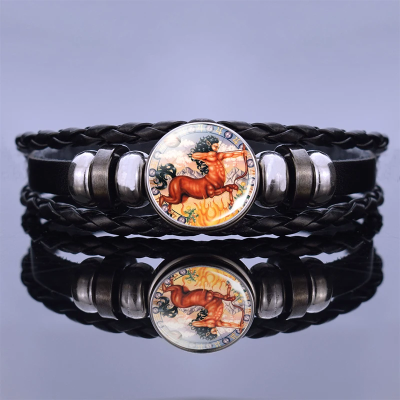 Браслет ручной работы из черной кожи с 12 созвездиями зодиака|Браслеты шармами| |