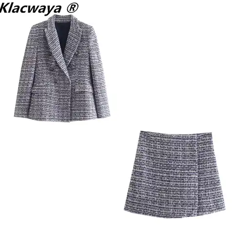 Пиджак Klacwaya, женские комплекты из двух предметов, Женский твидовый костюм, юбка и шорты для женщин 2021, элегантные двубортные офисные женские...