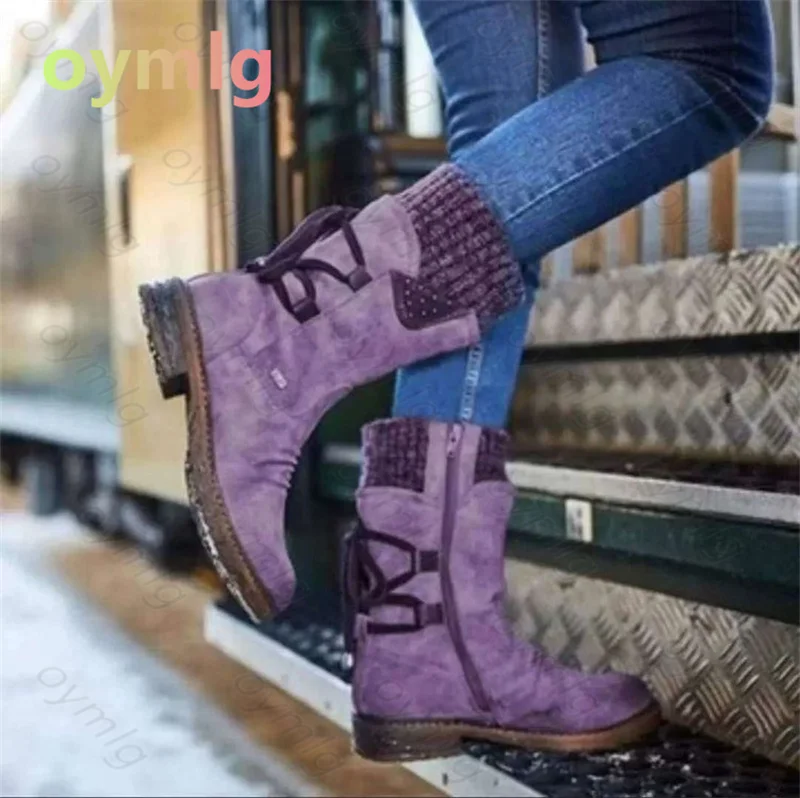

Hot New Autumn Early Winter Shoes Women Flat Heel Boots Fashion Knitting Patchwork Women's Boots Short Boots Size 35-43