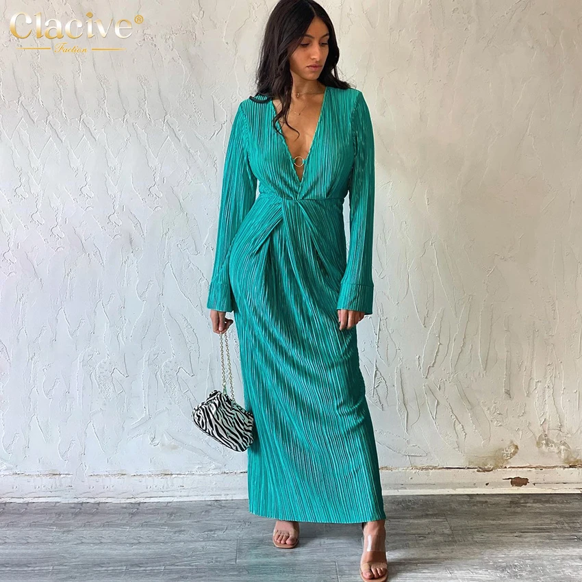 

Clacive Sexy V-neck Green Women's Dress 2022 Bodycon Chic Long Sleeve Midi Dress Ladies Elegant Slim Pleated Party Dresses